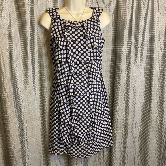 Adrianna Papell Dresses & Skirts - ADRIANNA PAPELL Womens Sleeveless Polka Dot Ruffle Front Dress Navy & Beige SZ 4